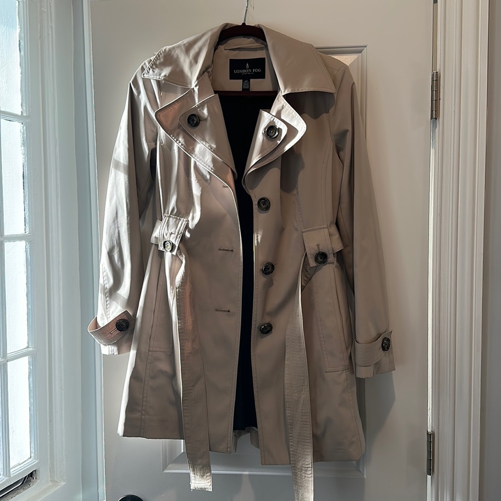 London fog hooded belted trench rain coat tan size small